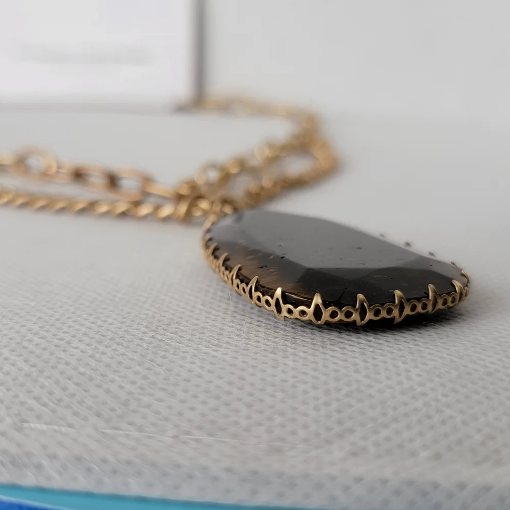 Tigers Eye Pendant Necklace Layered Chain Genuine Stone